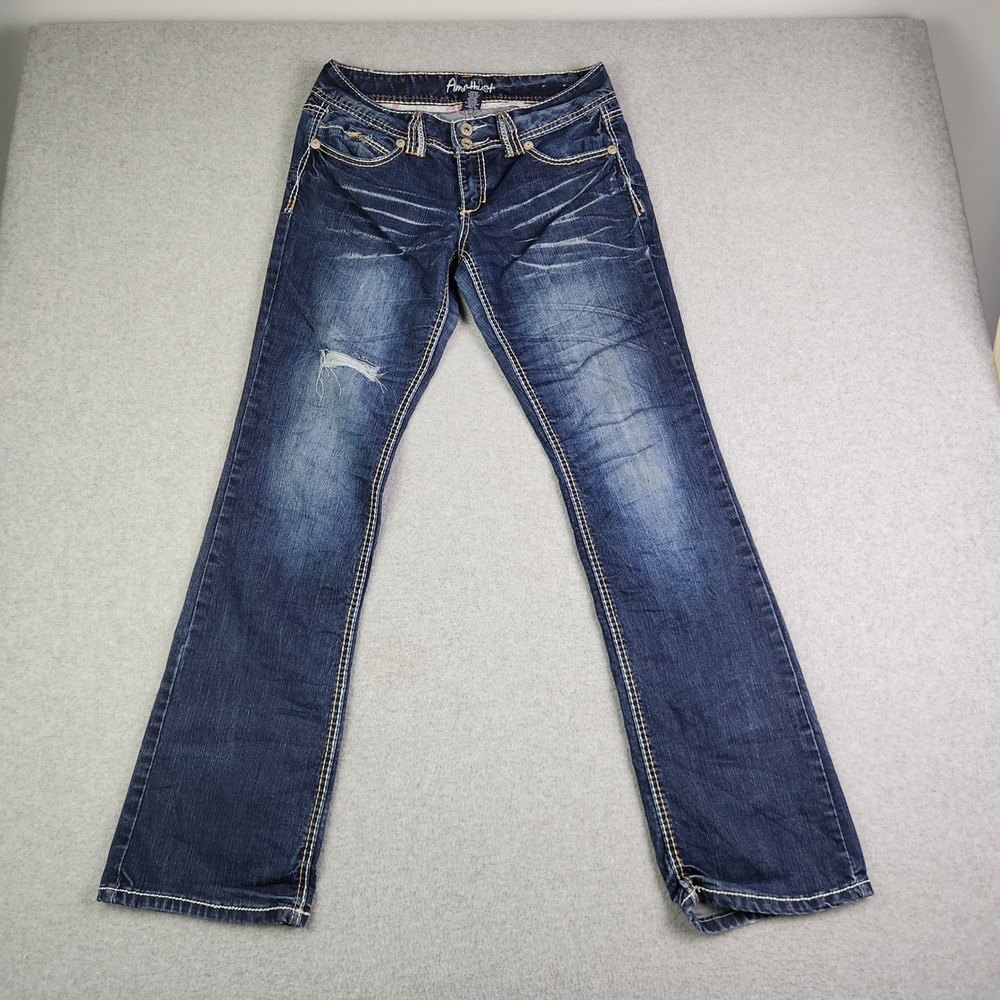 Amethyst Jeans Womens 28W Blue Denim Faded Low Rise Thick Stitch Distressed Y2K